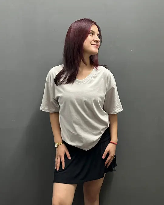 RB Stone Grey Plain V-Neck Oversize T-Shirt for Women Online In India | DKY