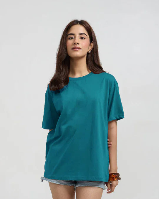RB Turquoise Plain Oversized T-Shirt – short-sleeve, relaxed-fit basic shirt, worn by model.