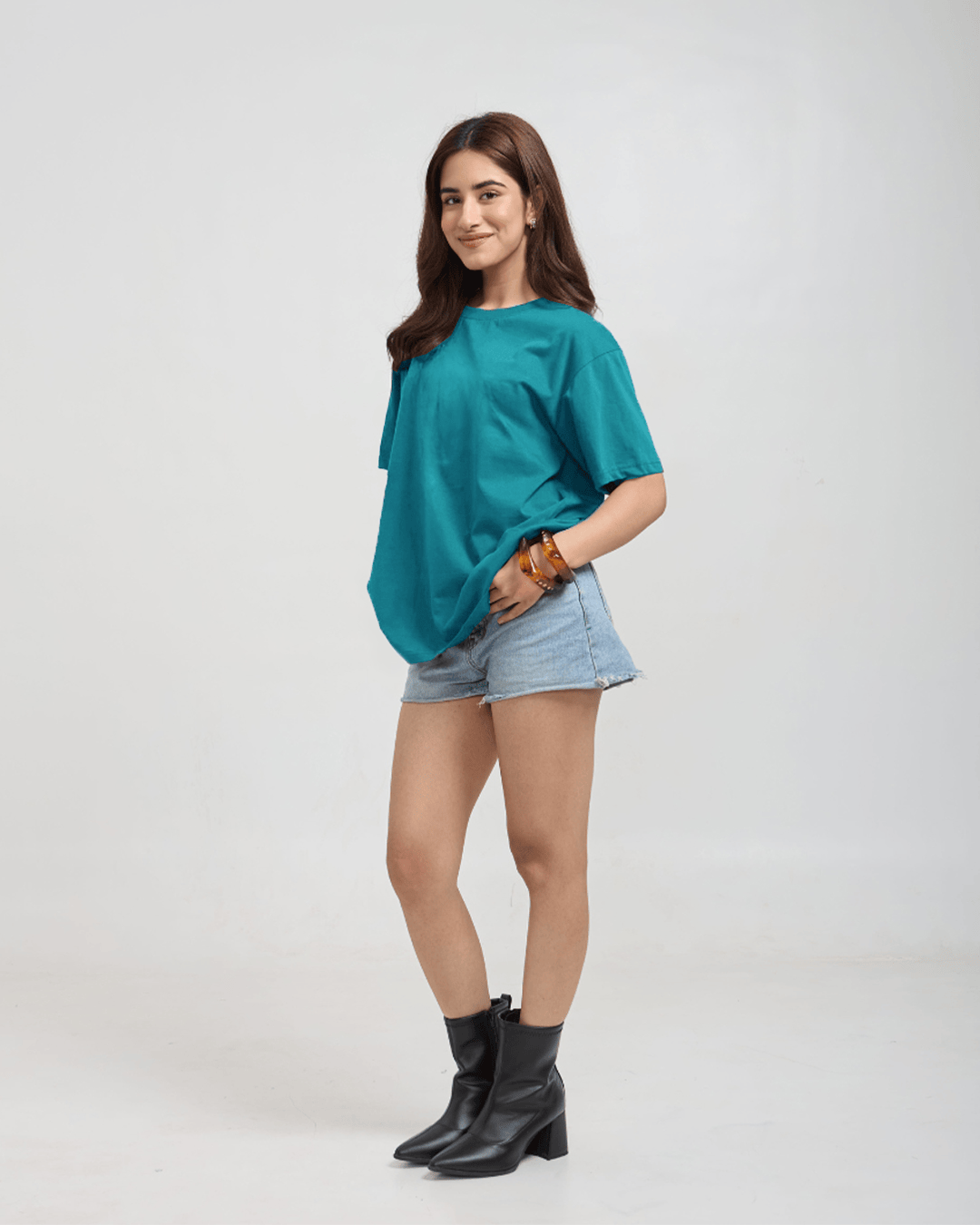 RB Turquoise Plain Oversized T-Shirt - turquoise oversized basic tee with plain design, worn by model
