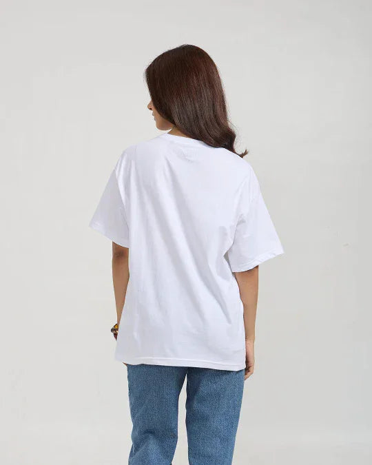RB White Plain Oversized T-Shirt by Real Baysics – white, oversized basic tee with plain design, worn by model