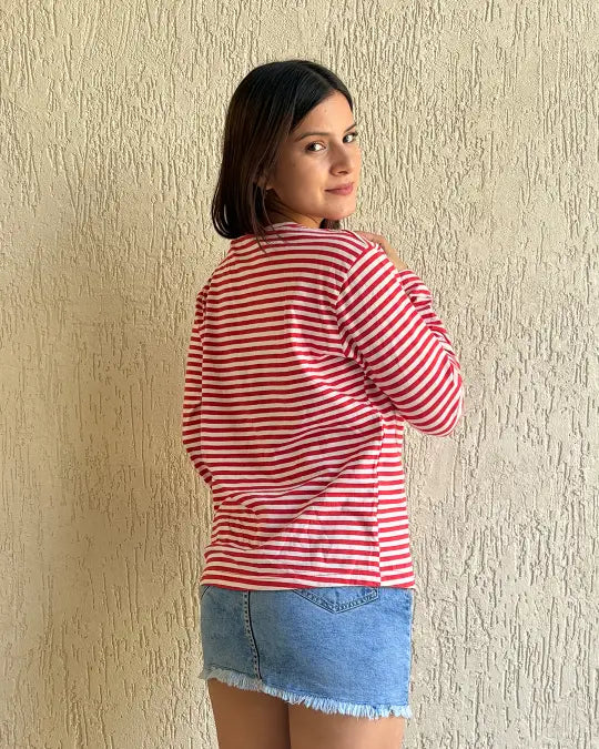 Red Stripey Scoop Neck T-Shirt - red and white striped, relaxed fit tee with scoop neck, worn by model.