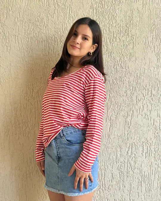 Red Stripey Scoop Neck T-Shirt – red and white striped long-sleeve top worn by model