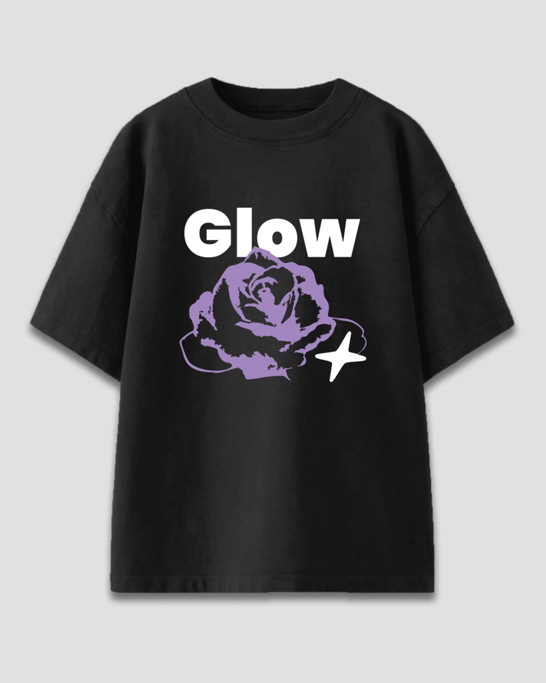 Rose Oversized T-Shirt by DKY – black tee featuring a purple rose graphic and white Glow text