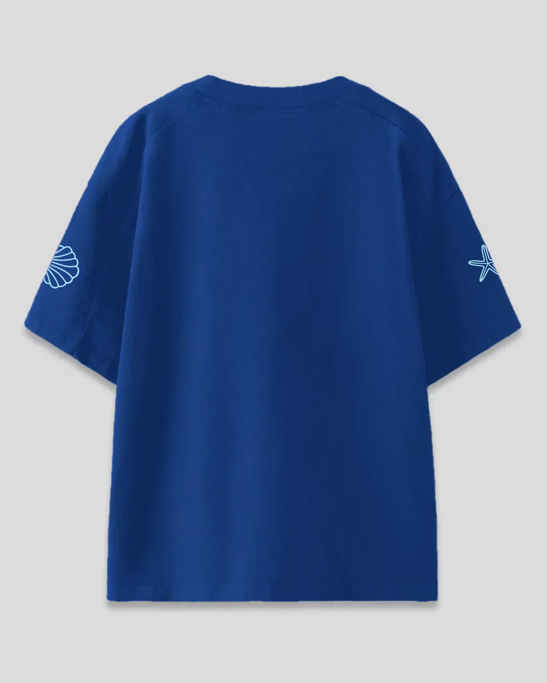 Royal Blue Ocean Floor Oversized T-shirt – blue oversized tee with white shell graphic on left sleeve and starfish on right sleeve, flat lay