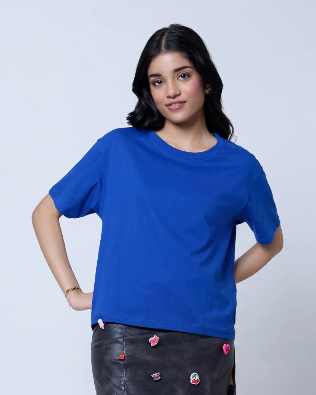 Royal Blue Plain Boxy Oversize T-Shirt – boxy fit, short sleeves, worn by model
