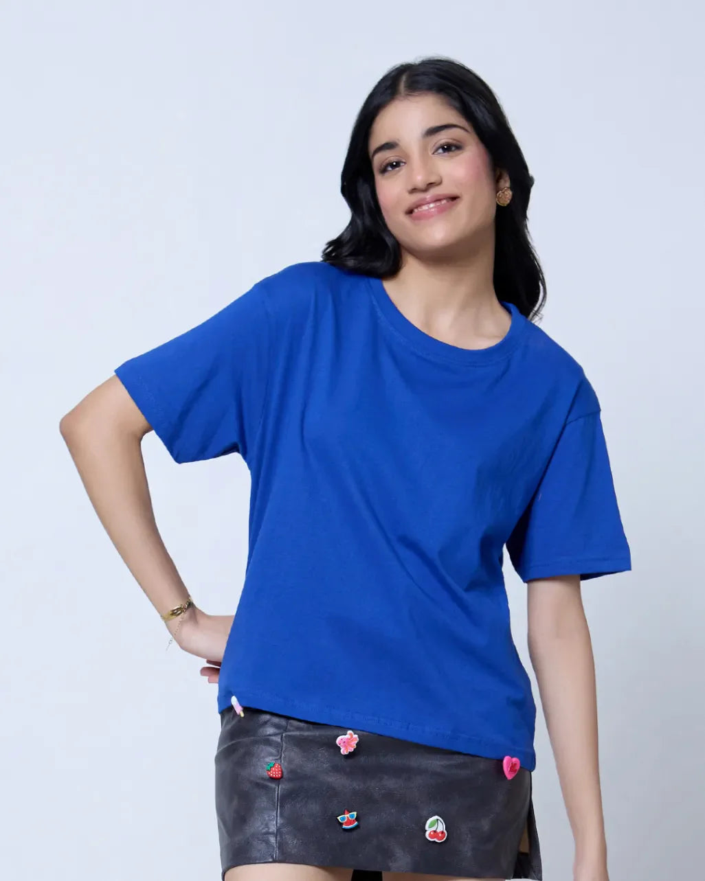 Royal Blue Plain Boxy Oversize T-Shirt - short-sleeve, boxy oversized fit, worn by model