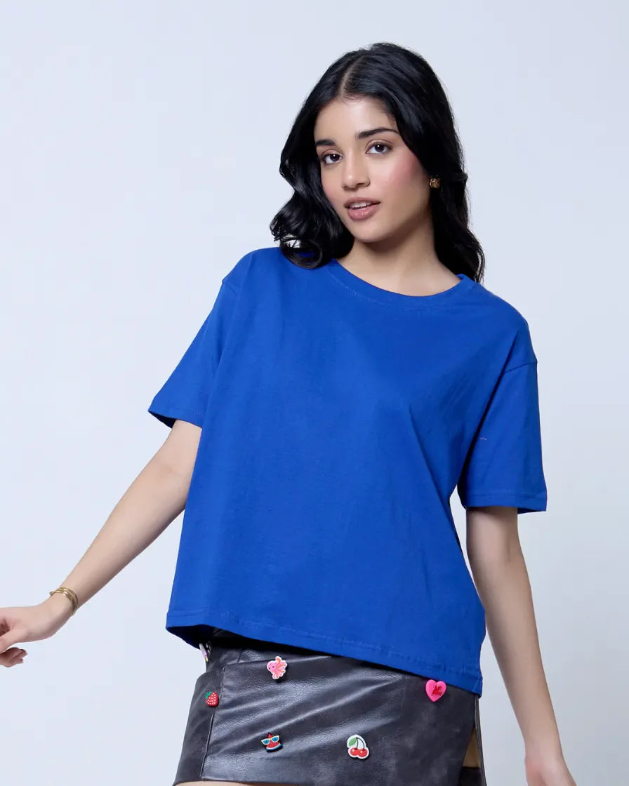 Royal Blue Plain Boxy Oversize T-Shirt – royal blue, boxy oversized fit, plain design, worn by model