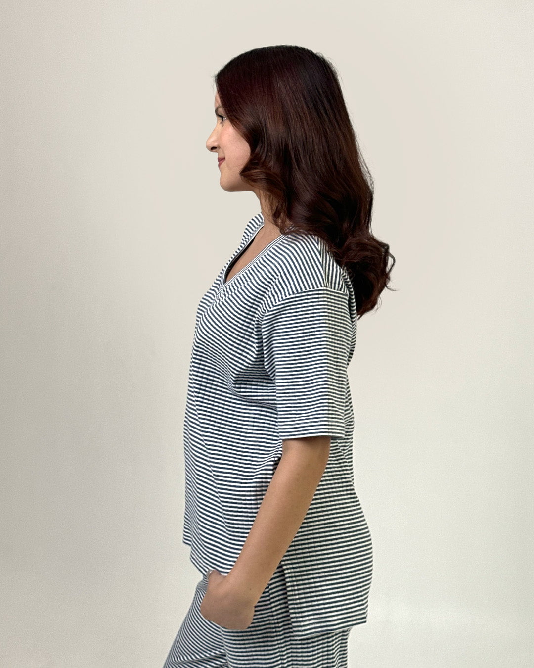 Royal Blue Ribbed Co-Ord Set – navy and white striped relaxed-fit top with matching pants, worn by model
