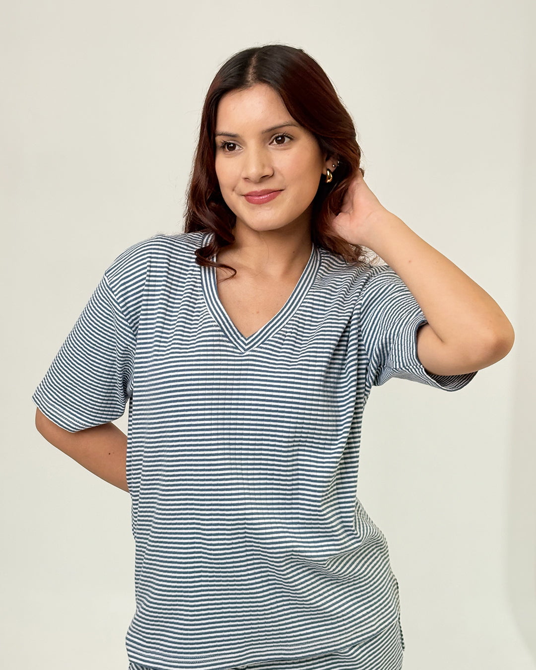 Royal Blue Ribbed Co-Ord Set – blue and white striped short-sleeve DKY graphic top worn by model
