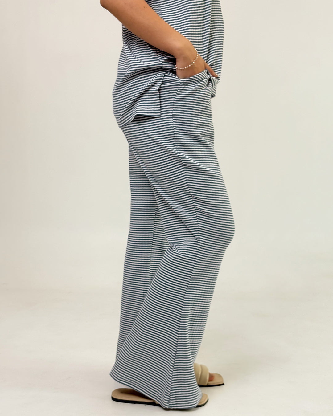 Royal Blue Ribbed Co-Ord Set – navy striped knit two-piece by DKY, worn by model