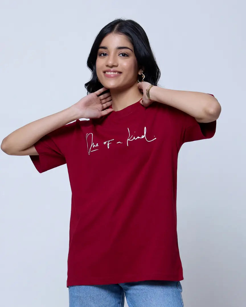 Ruby One Of A Kind Oversized T-Shirt – red DKY OS Minimal shirt with white script, worn by model.