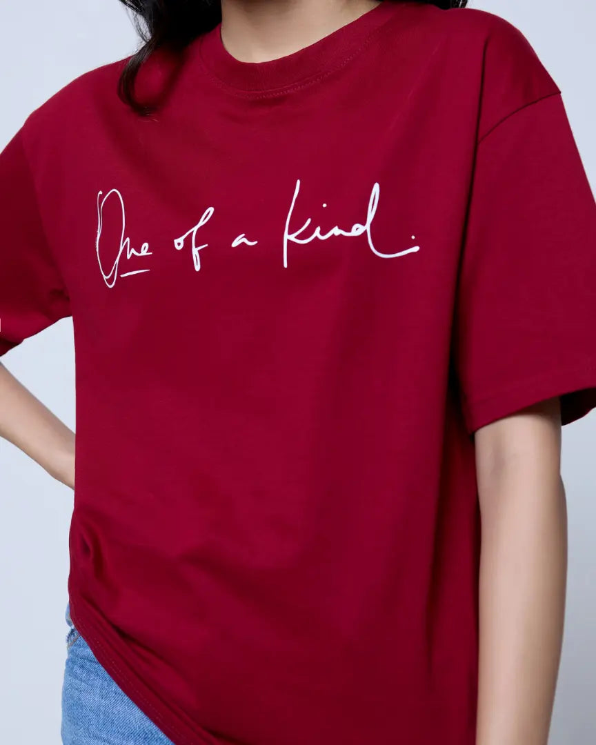 Ruby One Of A Kind Oversized T-Shirt – ruby red, DKY brand, oversized fit with white script One of a kind worn by model