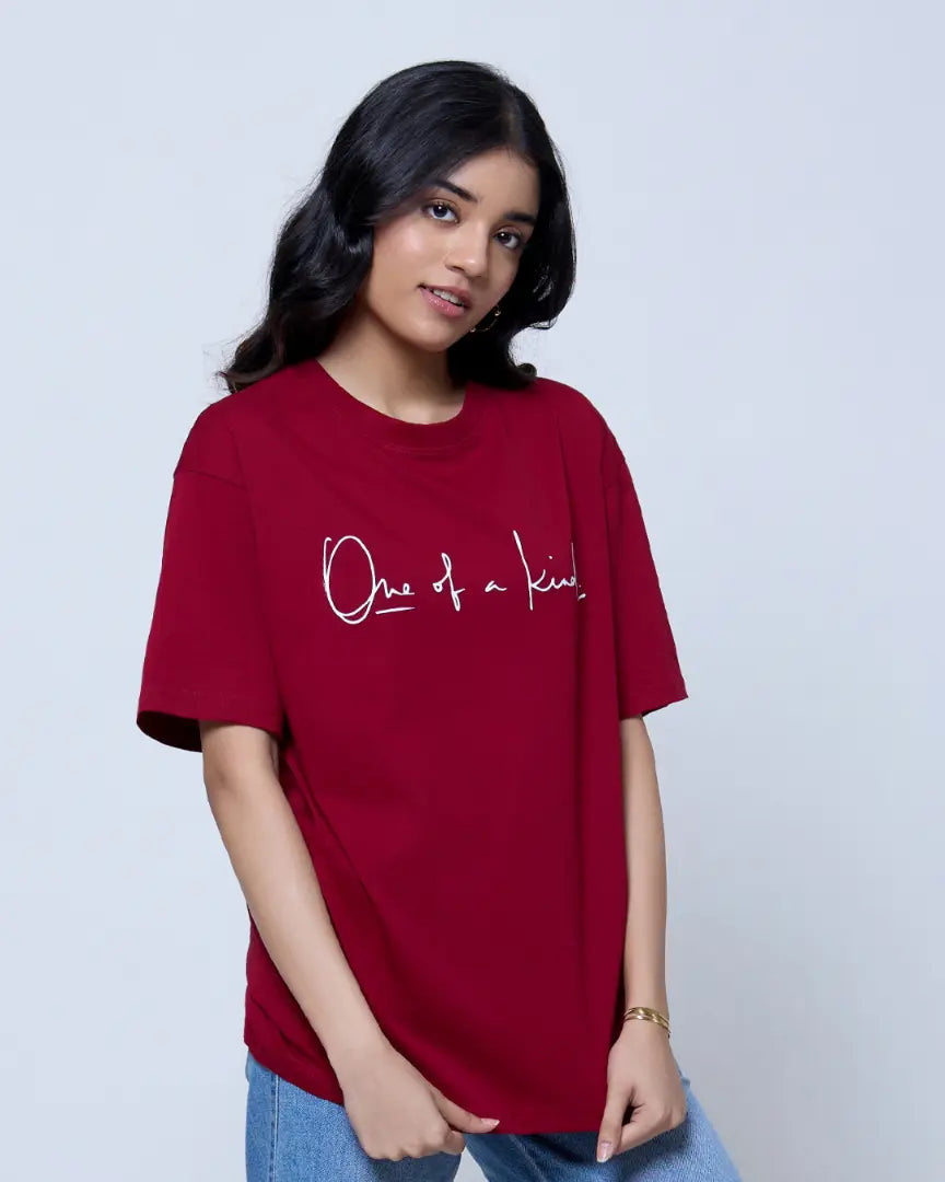 Ruby One Of A Kind Oversized T-Shirt burgundy oversized tee with white script One of a Kind on front worn by model