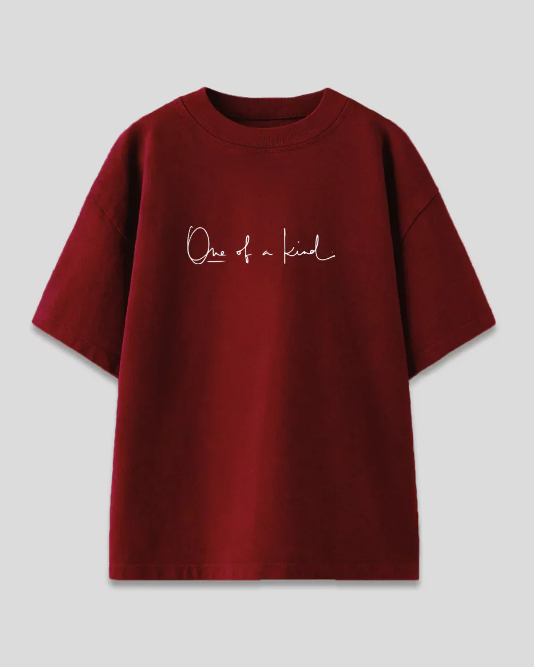 Ruby One Of A Kind Oversized T-Shirt – burgundy, oversized fit, DKY OS Minimal tee with One of a kind script, shown in flat lay