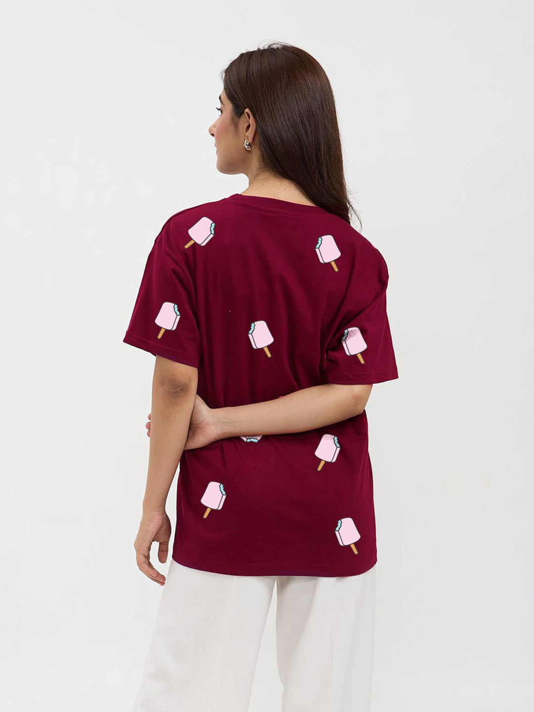 Ruby Popsicles Oversized T-Shirt – burgundy tee with pink popsicle print, worn by model