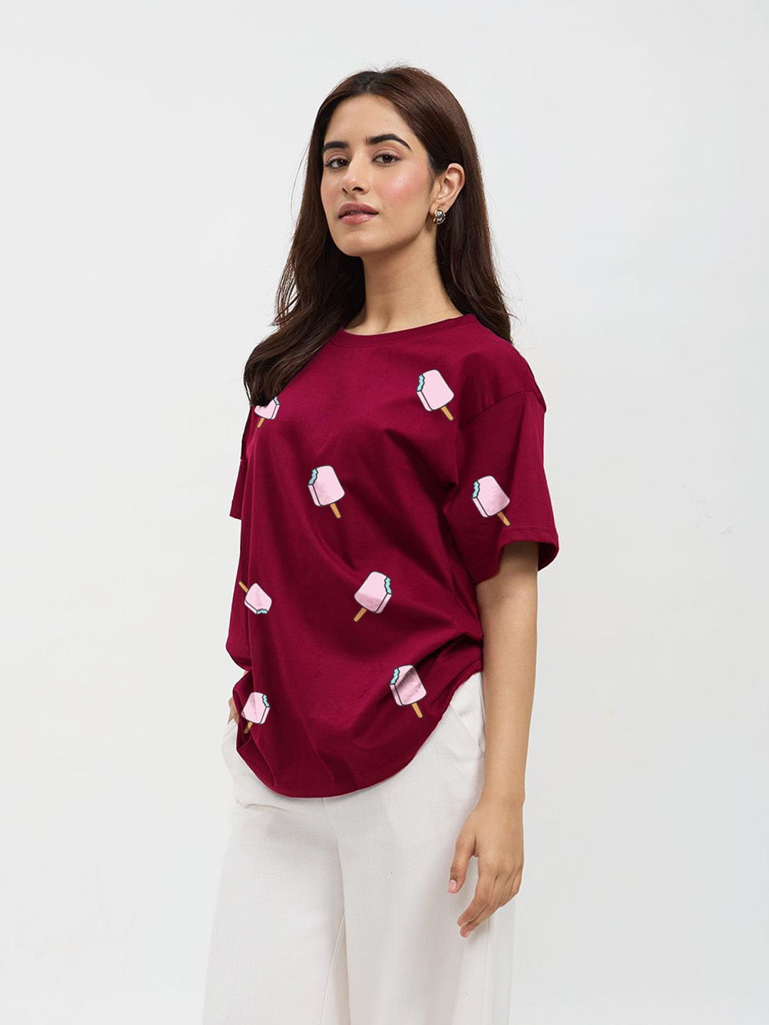 Ruby Popsicles Oversized T-Shirt – burgundy color with pink popsicle prints, worn by model.