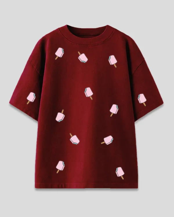 Ruby Popsicles Oversized T-Shirt burgundy tee with pink popsicle prints, shown in flat lay