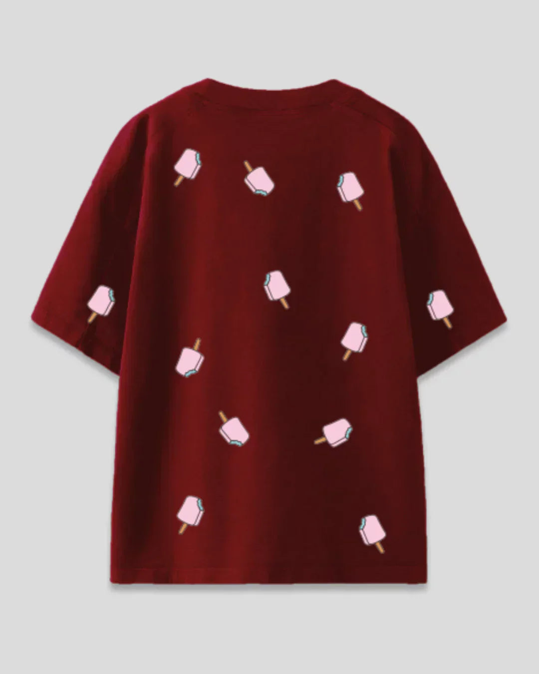 Ruby Popsicles Oversized T-Shirt in deep ruby red with scattered pink popsicle prints.
