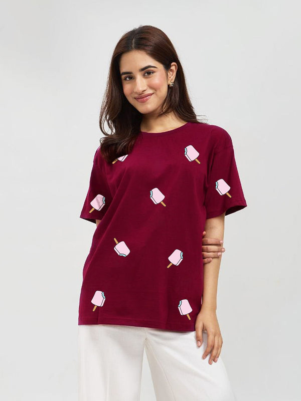 Ruby Popsicles Oversized T-Shirt - burgundy with pink popsicle prints, worn by model