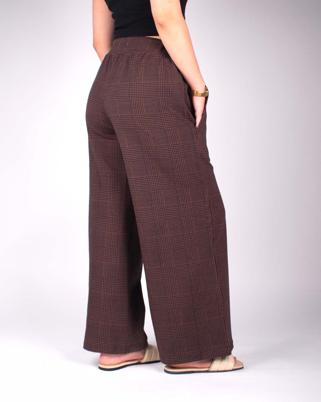 Rustic Pajama pants – brown plaid, wide-leg fit, worn by model