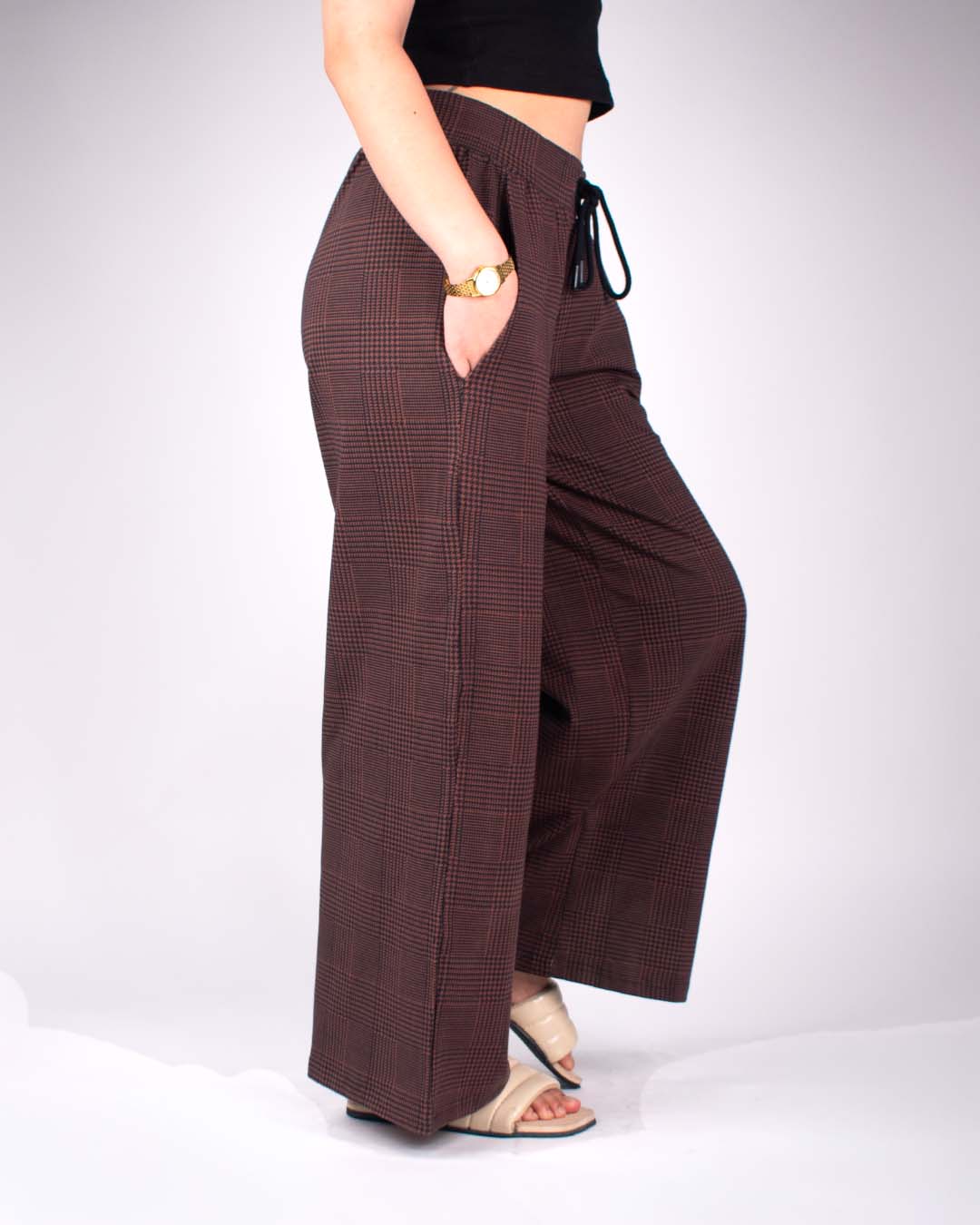 Rustic Pajama – brown plaid wide-leg pants with a drawstring, DKY, worn by model