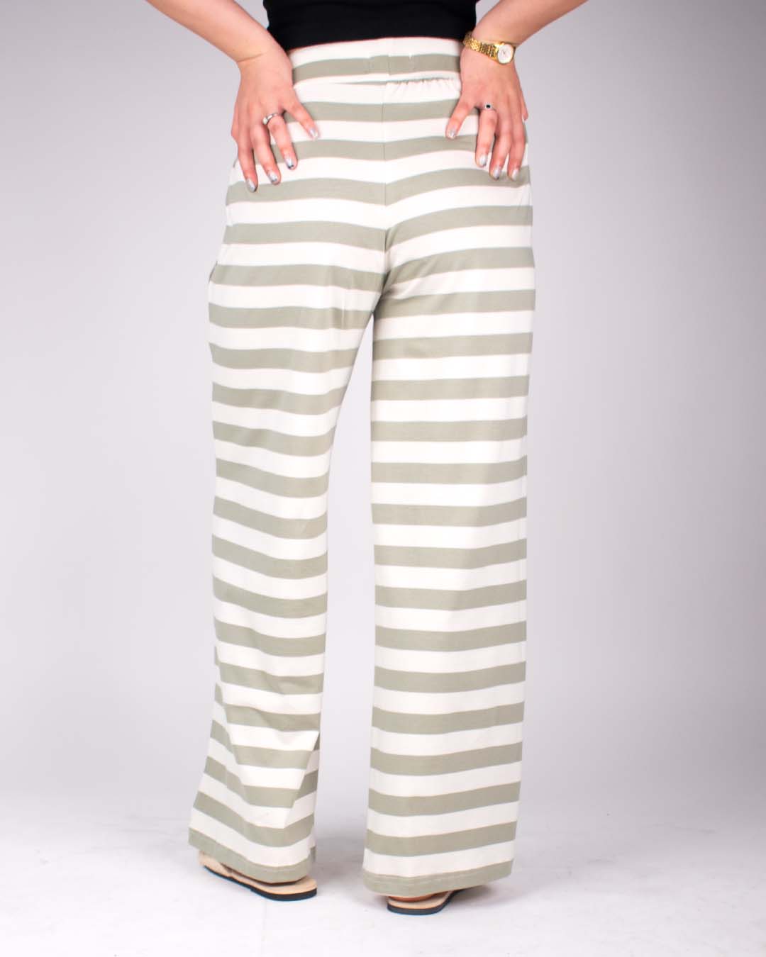 Sage Pajama pants - sage and white striped, wide-leg fit, worn by model