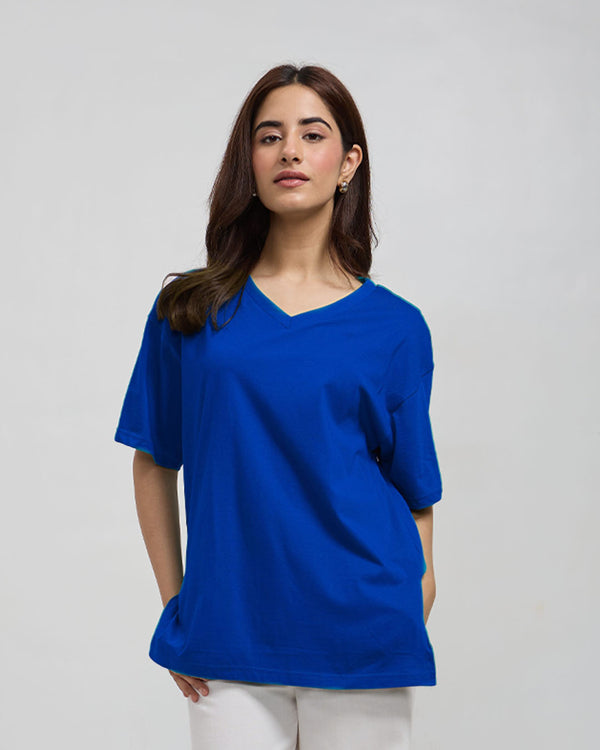 Sapphire Plain V-Neck Oversized T-Shirt – sapphire blue, oversized V-neck tee worn by model