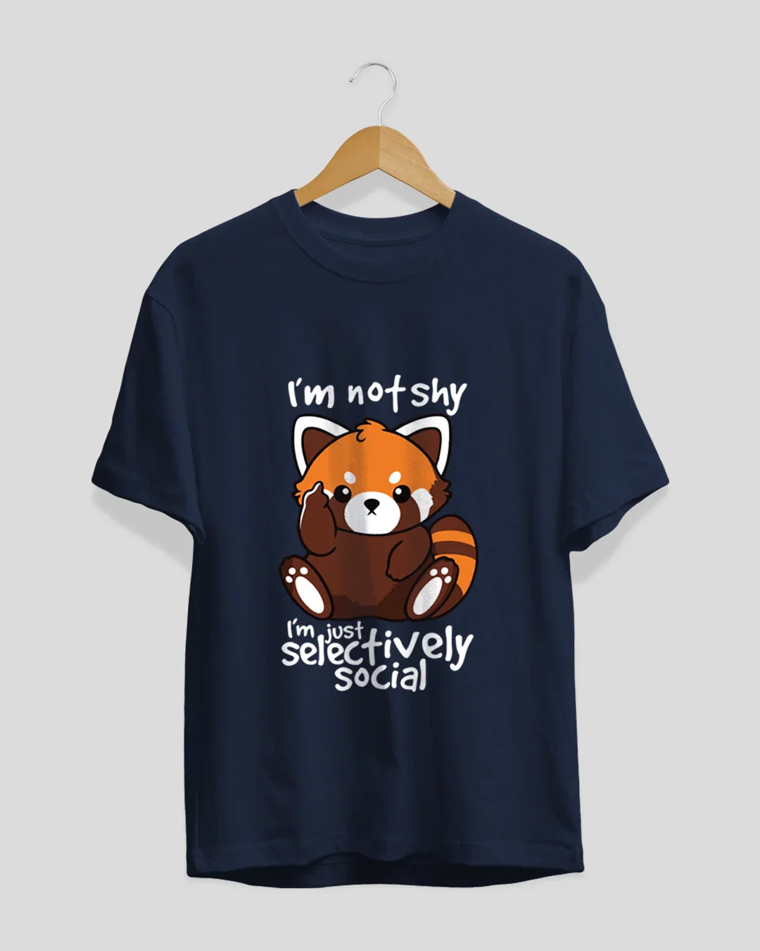 Selectively Social T Shirt navy tee with a panda graphic and the text Im not shy Im just selectively social shown on a hanger