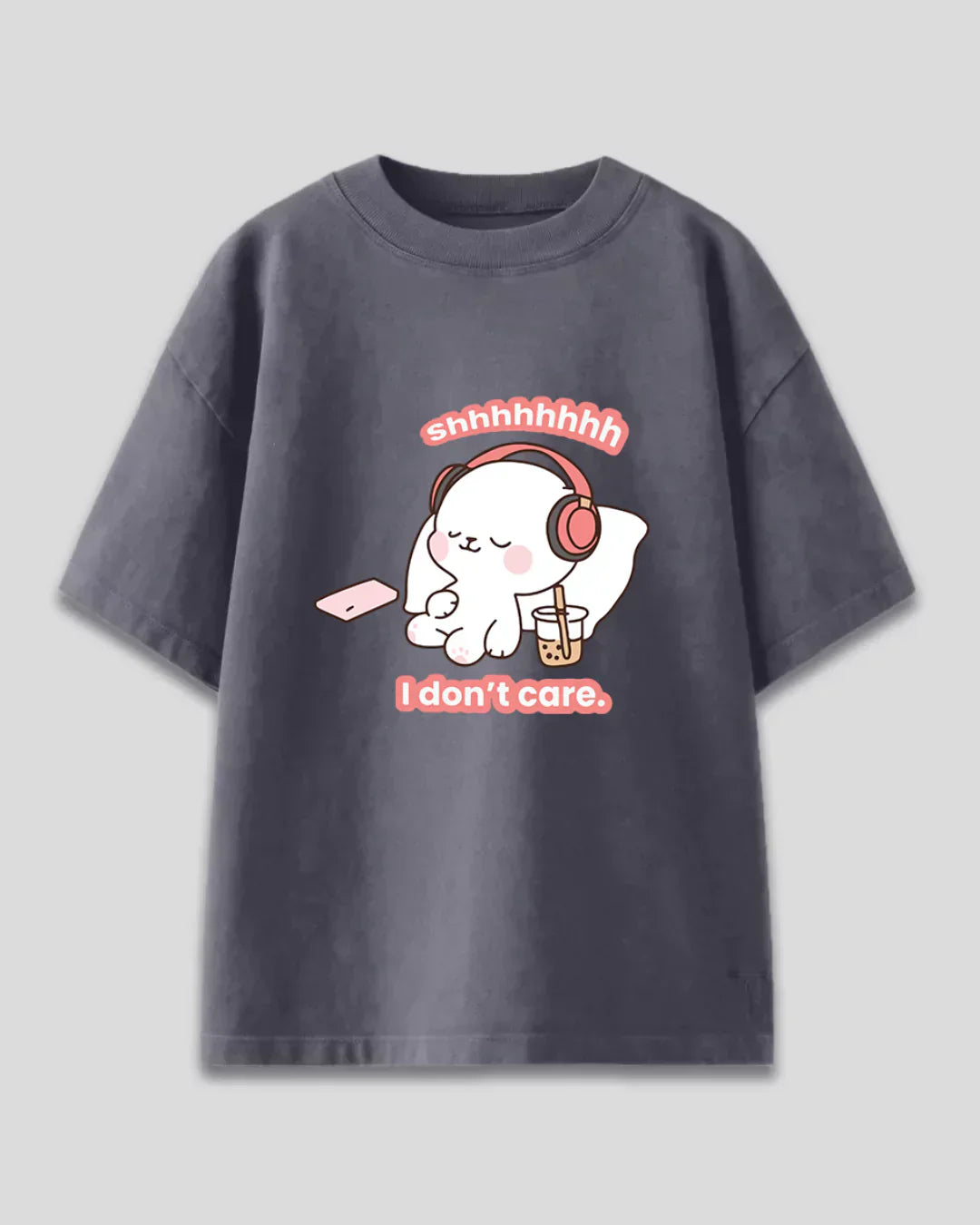 DKY Shhh I Dont Care Oversized T-Shirt in charcoal gray with a bunny wearing headphones and text shhhhhh I don't care.