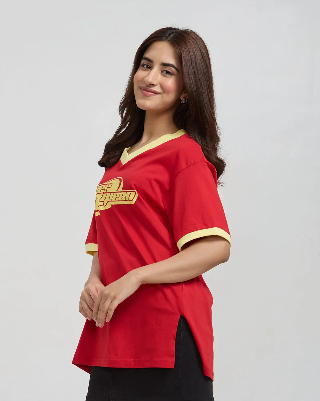 Silver Queen Tap-Out V-Neck Oversize T-Shirt - red oversized V-neck tee with yellow logo graphic, worn by model