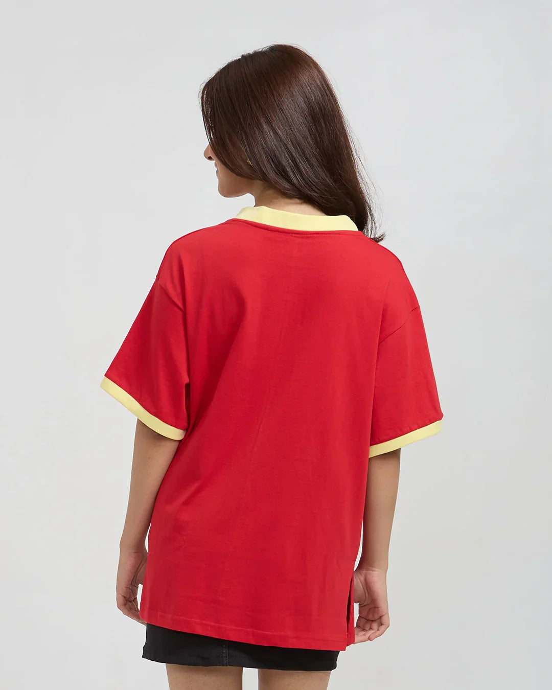 Silver Queen Tap-Out V-Neck Oversize T-Shirt – red oversized V-neck tee with yellow collar and cuffs, worn by model