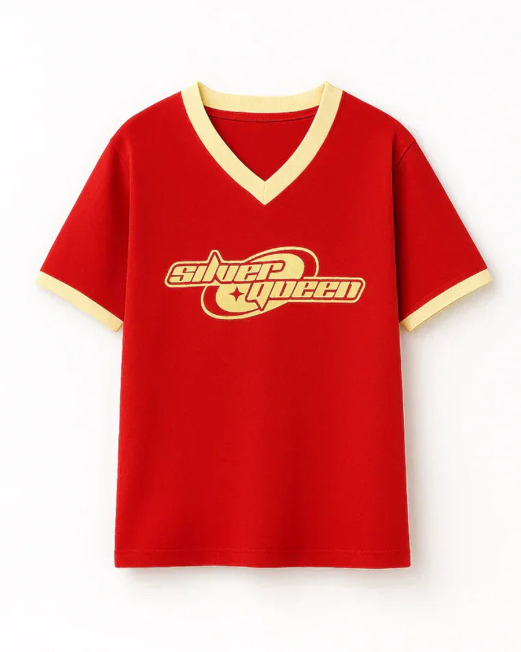 Silver Queen Tap-Out V-Neck Oversize T-Shirt – red oversized V-neck shirt with cream graphic logo, shown in flat lay