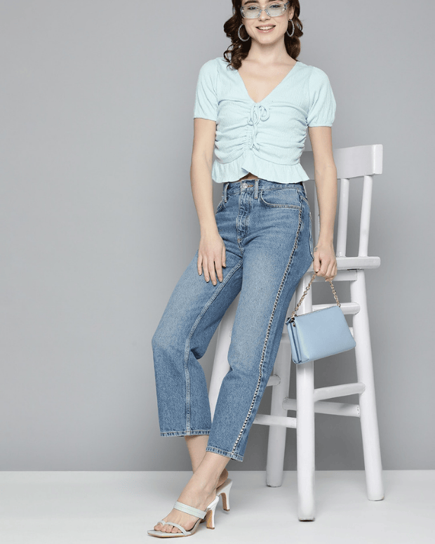 Sky Blue Ruched Crop Top - Shop Printed T shirt for Women Online In India | LoveDky