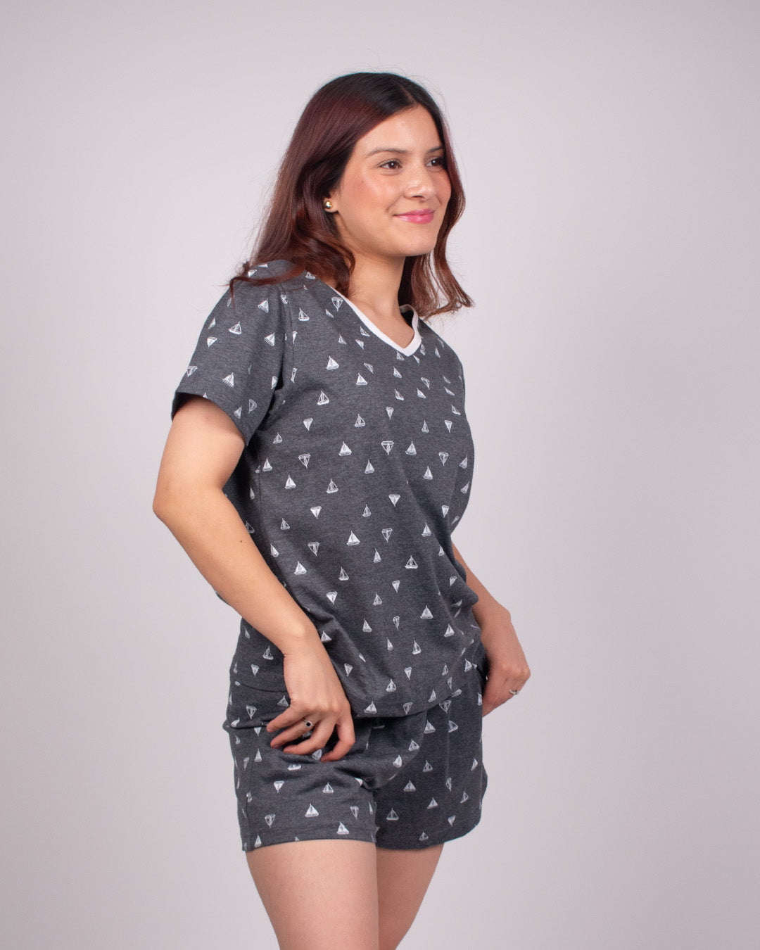 Sleep Afloat Cotton Shorts Set - dark gray relaxed-fit shorts set with white sailboat print, worn by model