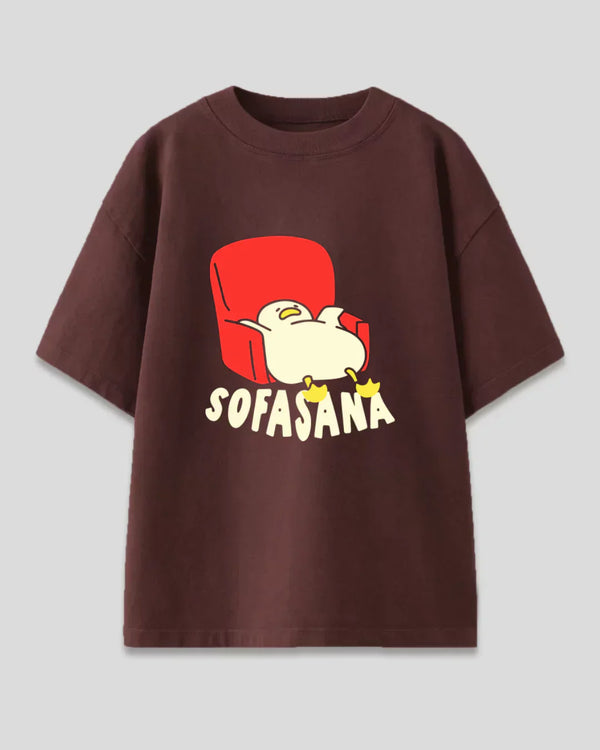 Sofasana Oversized T-Shirt – maroon OS graphic tee with a white duck lounging on a red chair and SOFASANA flat lay.