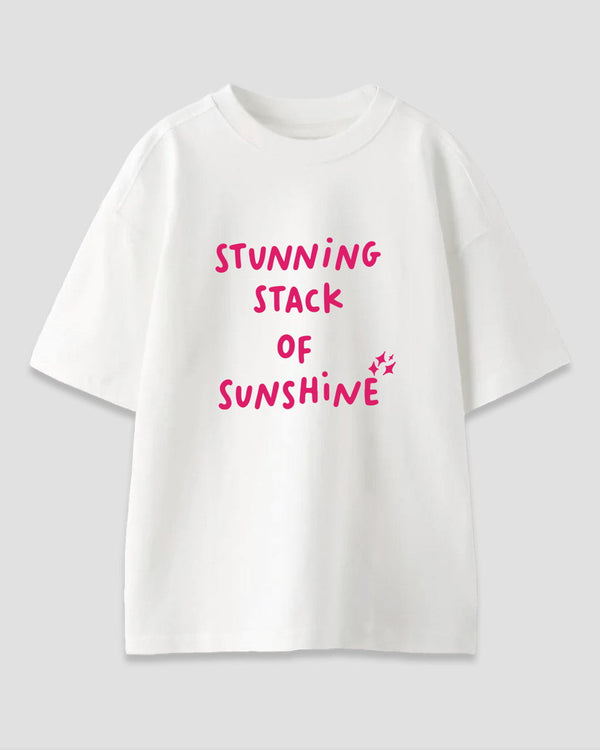 Stack Of Sunshine Oversized T-Shirt – white DKY OS Graphics tee with pink STUNNING STACK OF SUNSHINE text, flat lay