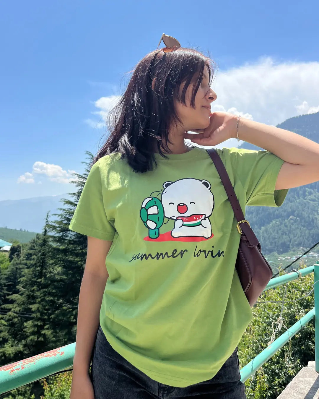 Summer Lovin T-Shirt – lime green regular-fit tee with a bear graphic, worn by model
