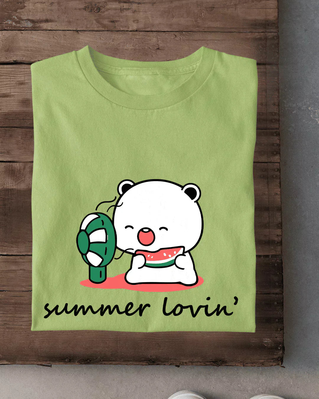Summer Lovin T-Shirt - lime green graphic tee with a white bear holding a watermelon, DKY brand