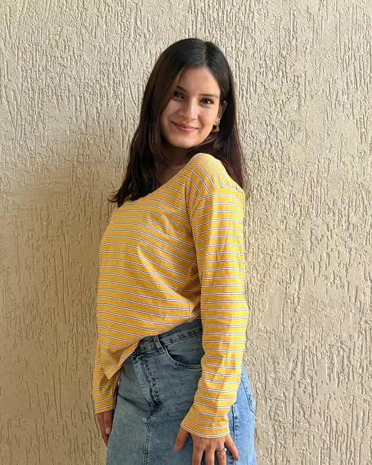 Tan Lines Scoop Neck T-Shirt – mustard yellow and white striped, relaxed-fit long-sleeve tee worn by model