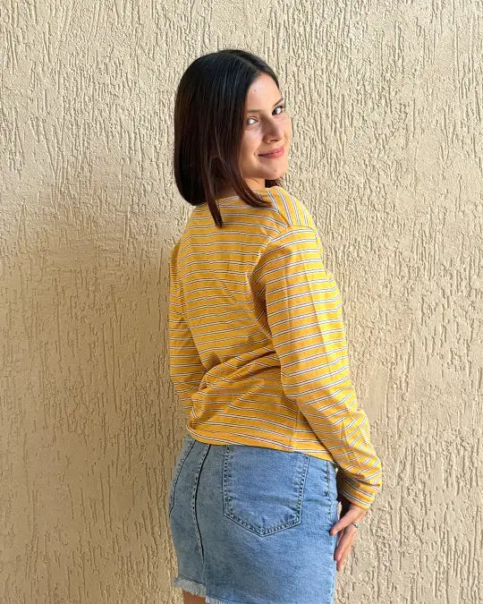 Tan Lines Scoop Neck T-Shirt - mustard-yellow striped long-sleeve top, worn by model