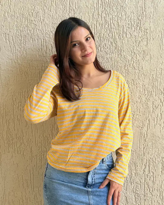Tan Lines Scoop Neck T-Shirt by DKY - yellow striped long-sleeve top with a relaxed fit, worn by model