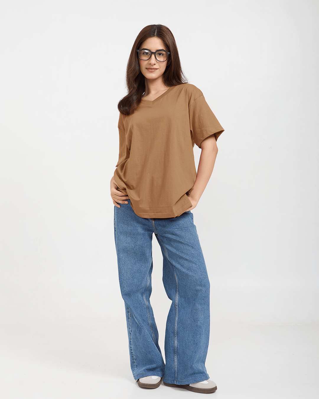 Tan Plain V-Neck Oversize T-Shirt by DKY – oversized tee with relaxed fit, worn by model.