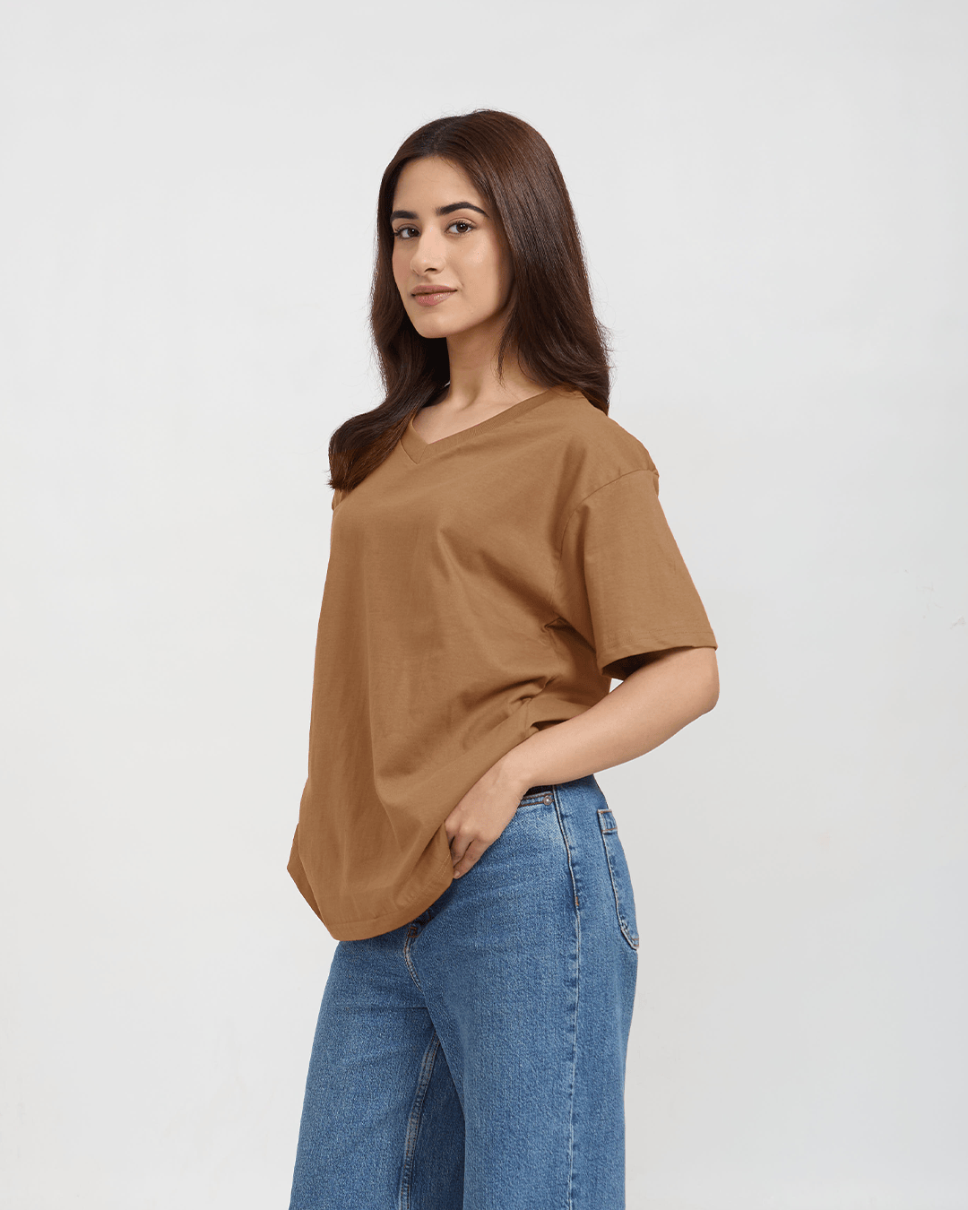 Tan Plain V-Neck Oversize T-Shirt – tan color, oversized V-neck tee worn by model