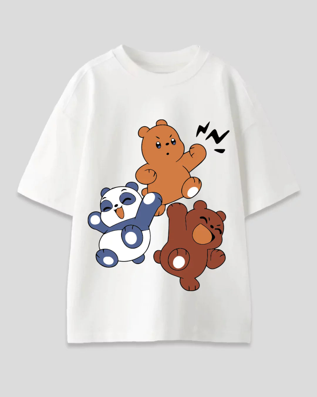 Three Bear Oversized T‑Shirt – white DKY graphic tee with three colorful bears in orange, brown and blue