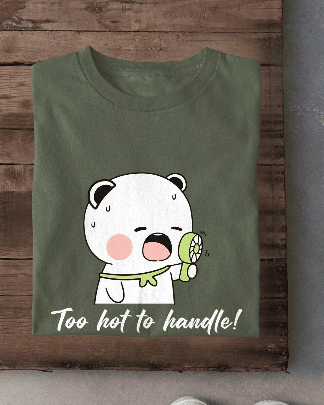 Too Hot To Handle T-Shirt - olive green crew neck tee with a cute white bear holding a mint fan, DKY.