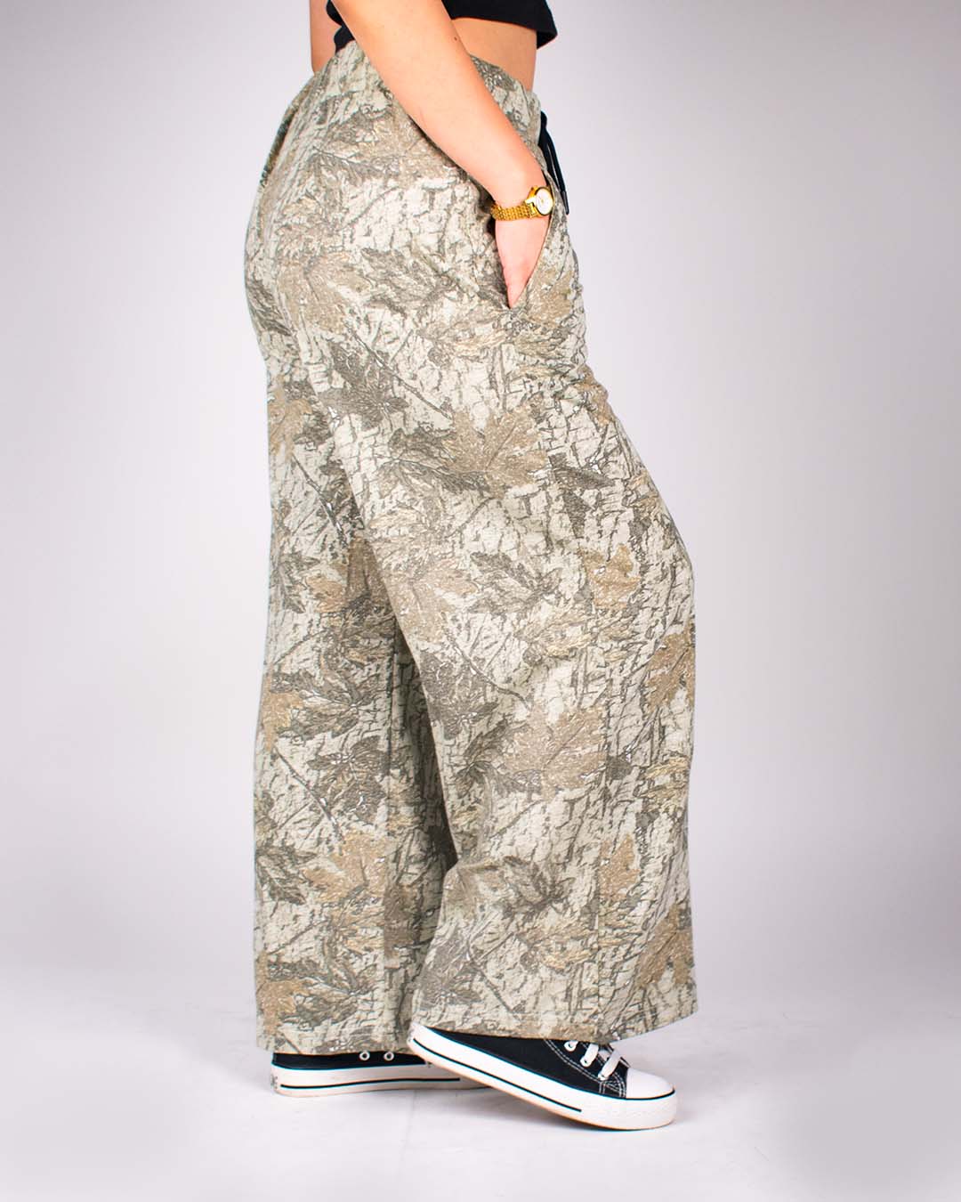 Treetide Pajama – beige and gray camouflage print wide-leg pajama pants, relaxed fit, worn by model.