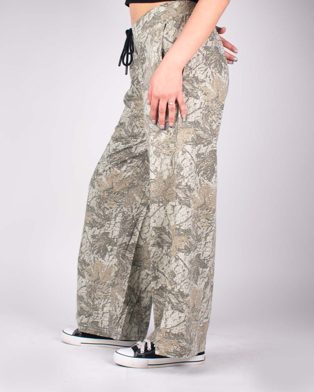 Treetide Pajama – camouflage wide-leg pajama pants with drawstring, DKY, worn by model