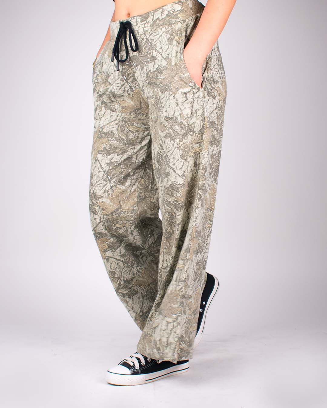 Treetide Pajama by DKY beige camouflage print pajama pants with a drawstring waist, relaxed fit, worn by model
