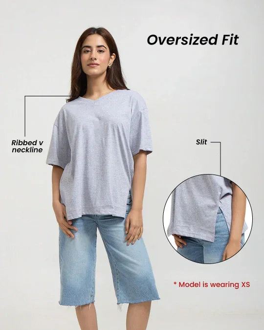 RB Turquoise Plain V-Neck Oversize T-Shirt by Real Baysics; ribbed neckline, side slits, model wearing XS