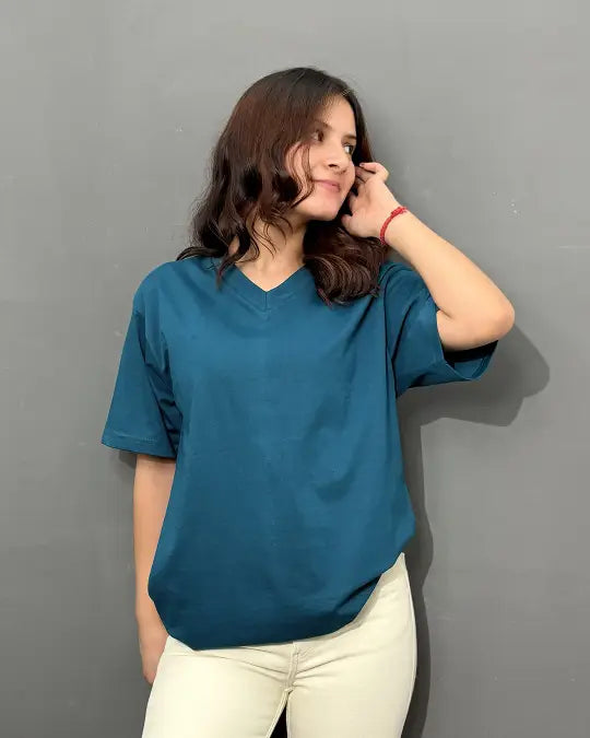 RB Turquoise V-Neck Oversize T-Shirt by Real Baysics; OS tee, 100% Pure fabric, Shirts & Tops.